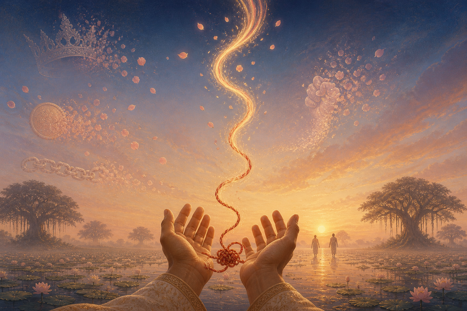 Open hands release an uncoiling thread of light as faint symbols of status, wealth, fear, and possession dissolve into petals beneath a bright horizon.