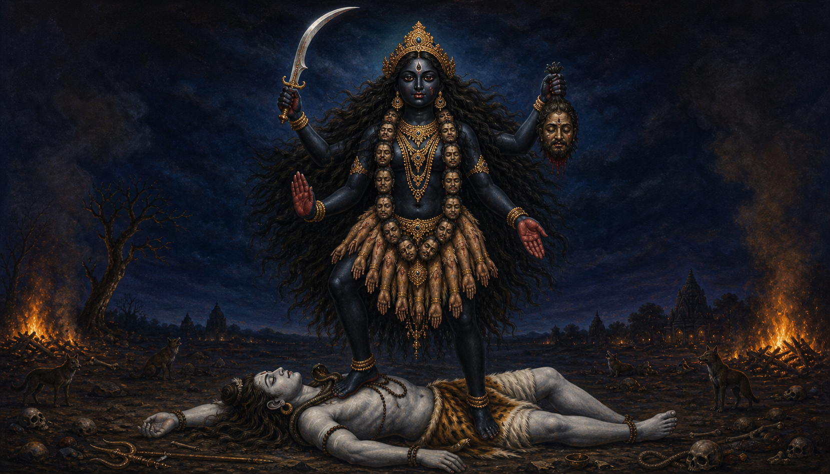 Four-armed Kali stands on the reclining Shiva in a nocturnal cremation ground, holding a curved sword and symbolic severed head while offering gestures of blessing and fearlessness.