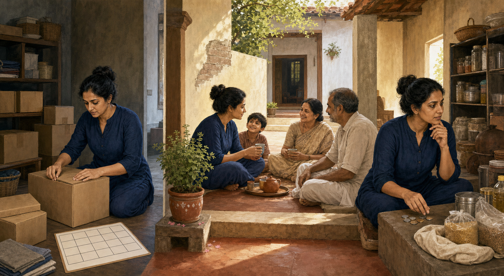Three connected home scenes show a person organizing belongings, strengthening family life in a courtyard, and carefully reviewing household resources before speaking.