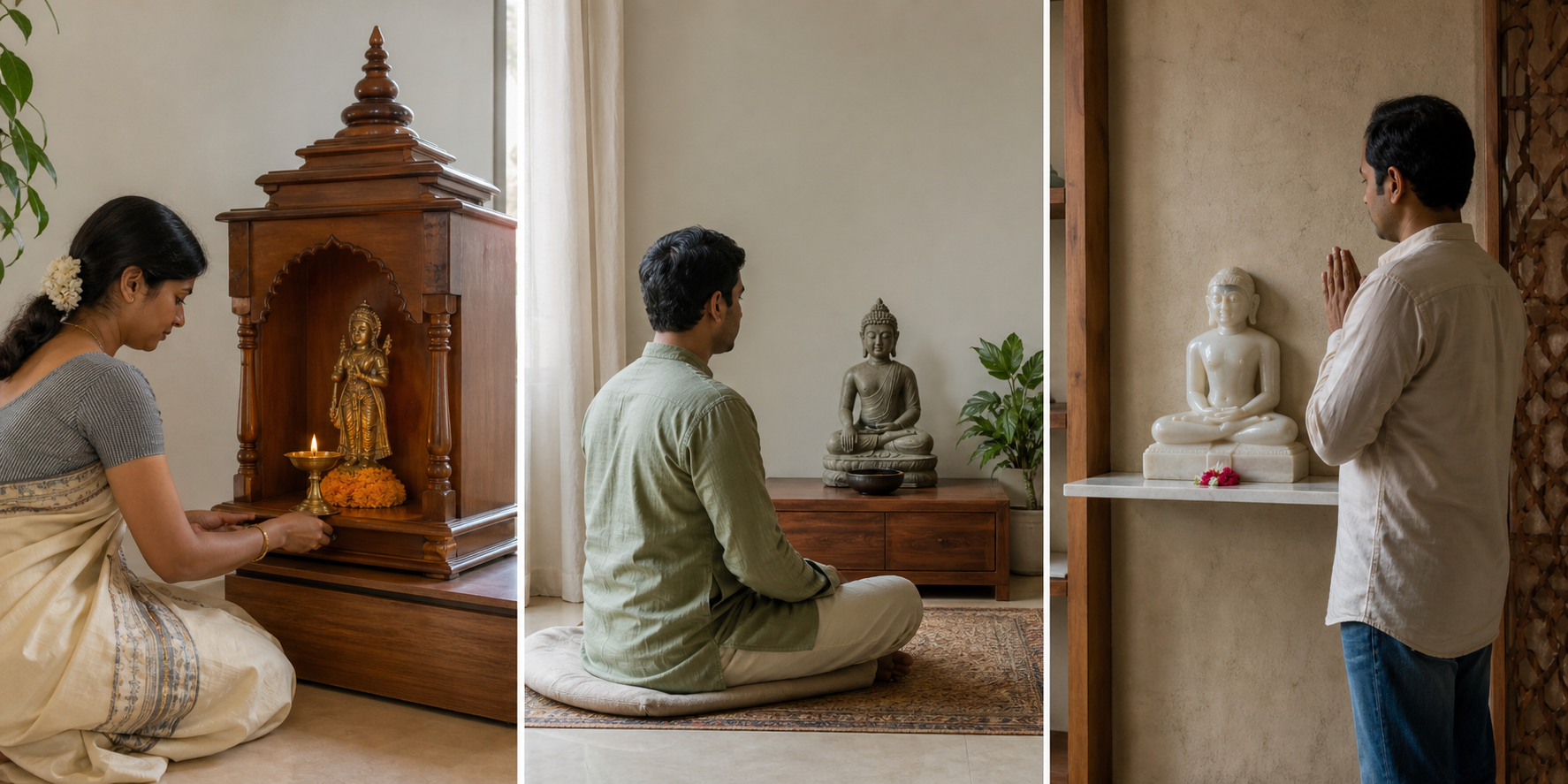 Three separate home-practice scenes show a Hindu shrine, a Buddhist meditation alcove, and a Jain prayer shelf, each attended by a practitioner.