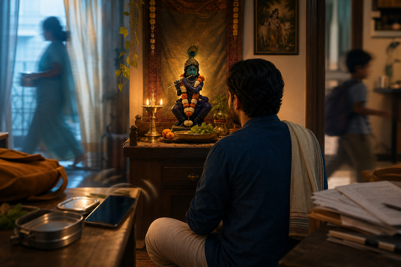 A devotee pauses in a busy home and turns toward a small Krishna altar illuminated by an oil lamp at dawn.