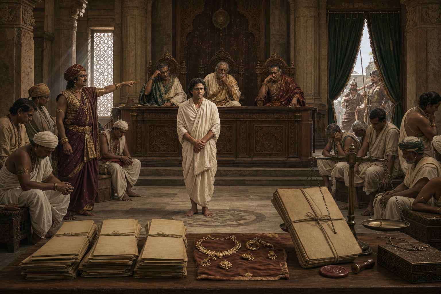 A plainly dressed merchant faces troubled judges while a wealthy accuser gestures behind him and anxious officials surround a table of evidence in an ancient courtroom.