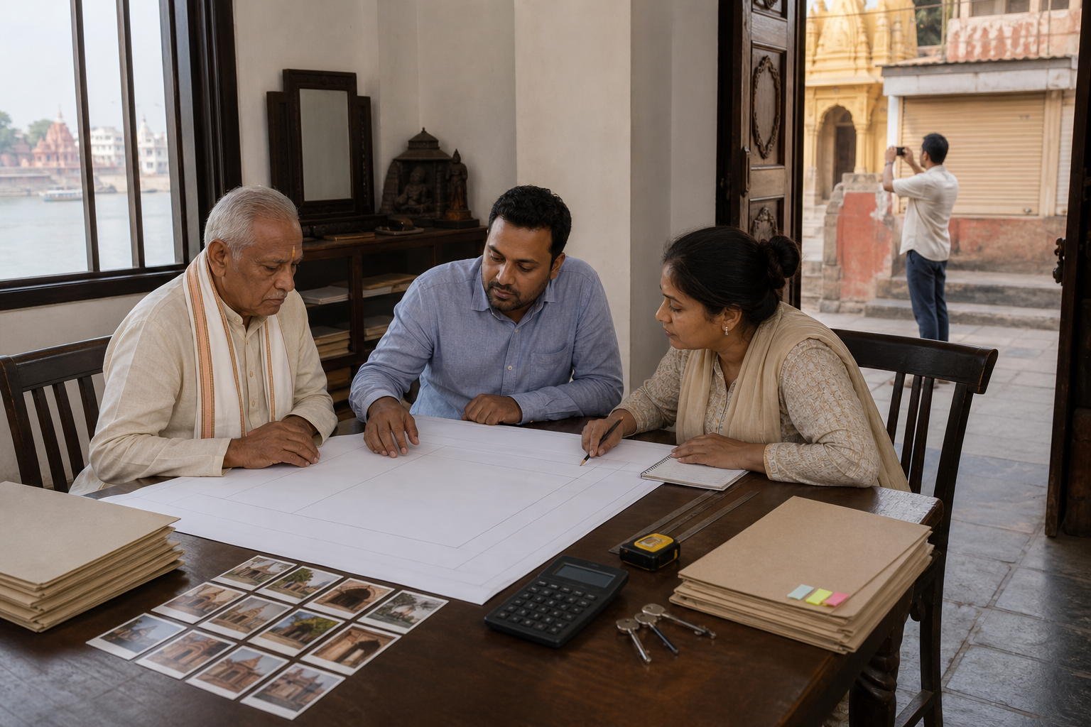 A temple trustee and property professionals organize blank records and document the boundary between a worship courtyard and a street-facing shop.