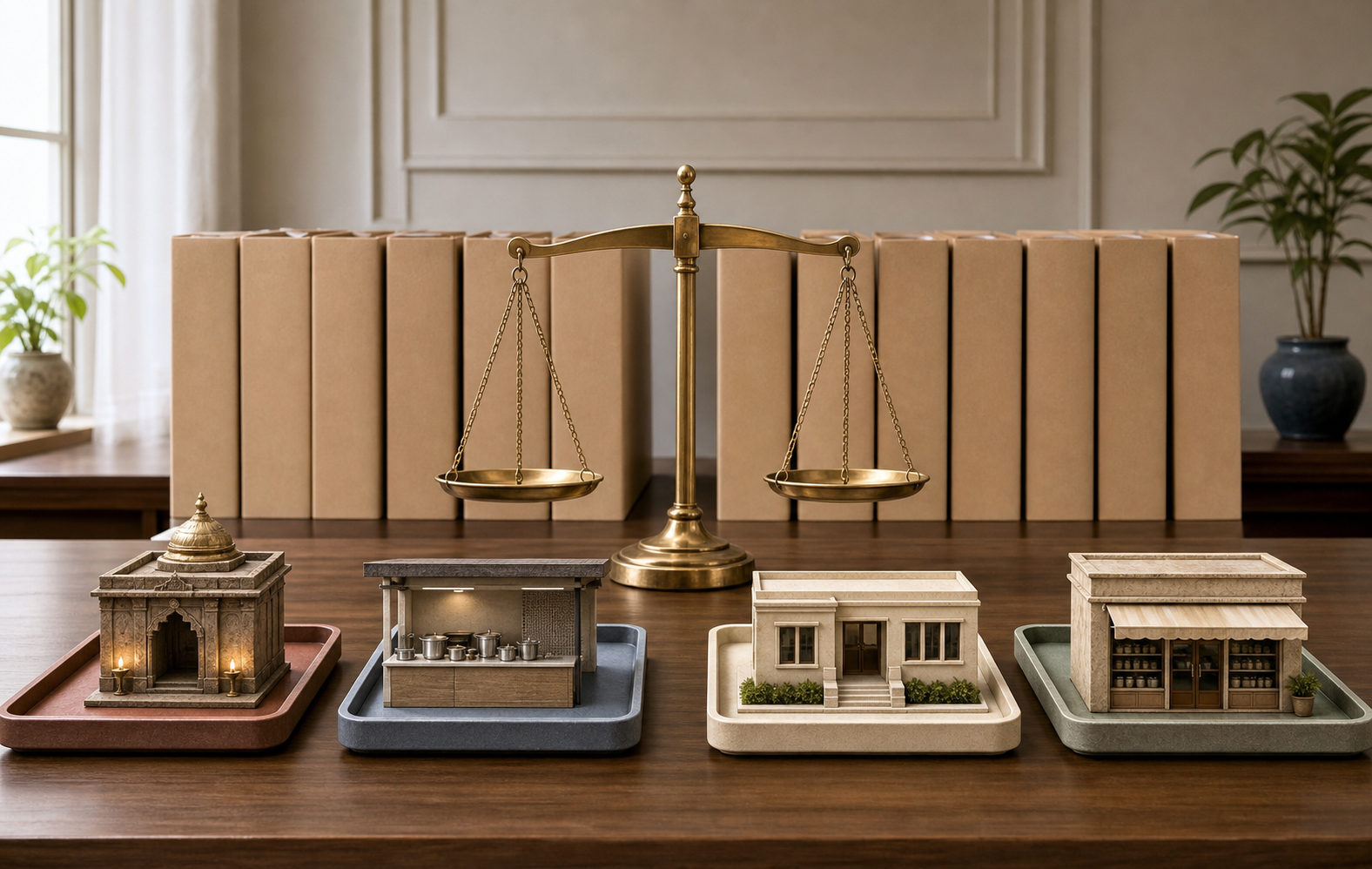 A brass balance, identical property folders, and separate trays holding models of a shrine, community kitchen, office, and shop symbolize consistent review of different uses.