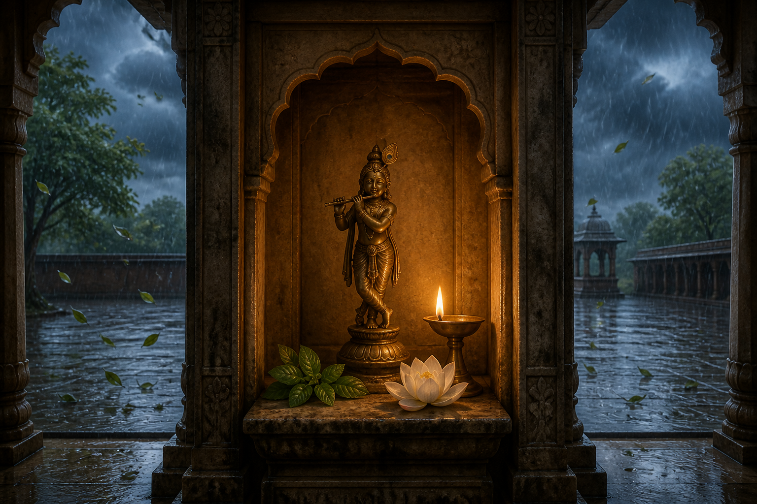 A Krishna murti and a steadily burning brass lamp rest inside a stone shrine while monsoon rain moves across the courtyard outside.
