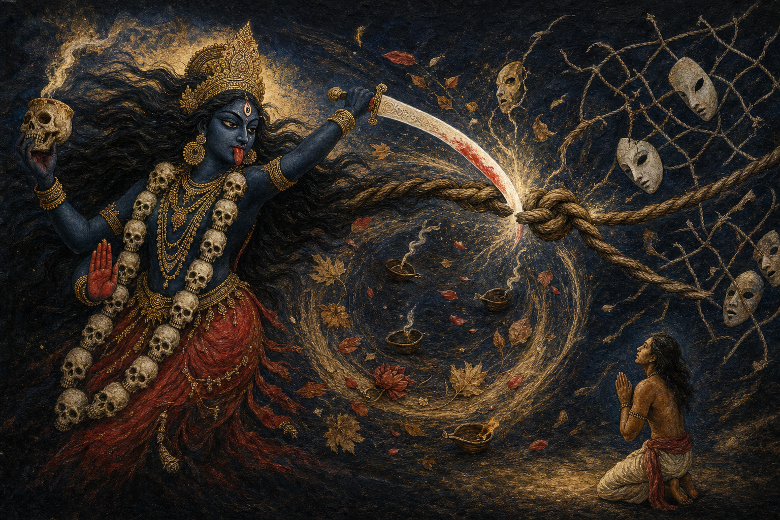Kali moves through a symbolic landscape where darkness, a skull garland, unbound hair, a curved sword, and open blessing hands form a continuous visual sequence.