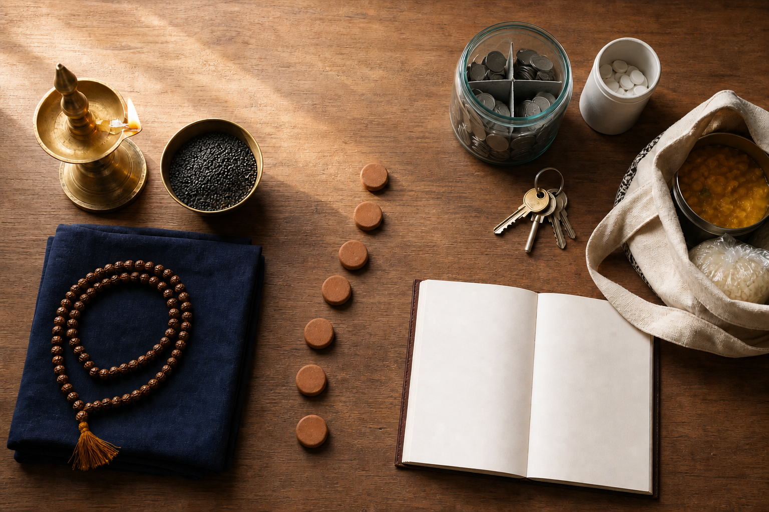 An overhead table holds a lit brass lamp, sesame seeds, prayer beads, blank household pages, savings, medicine, keys, and food prepared for donation.