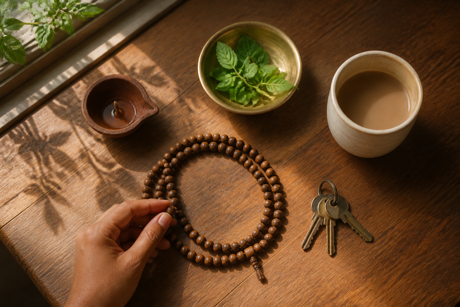 A hand touches a tulasi prayer bead on a wooden table beside house keys, a cup, tulasi leaves, and a clay lamp.