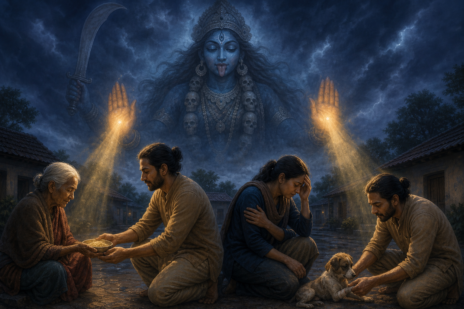 A translucent vision of Kali appears above a courtyard where a devotee distributes food, supports a neighbor, and tends an injured animal.