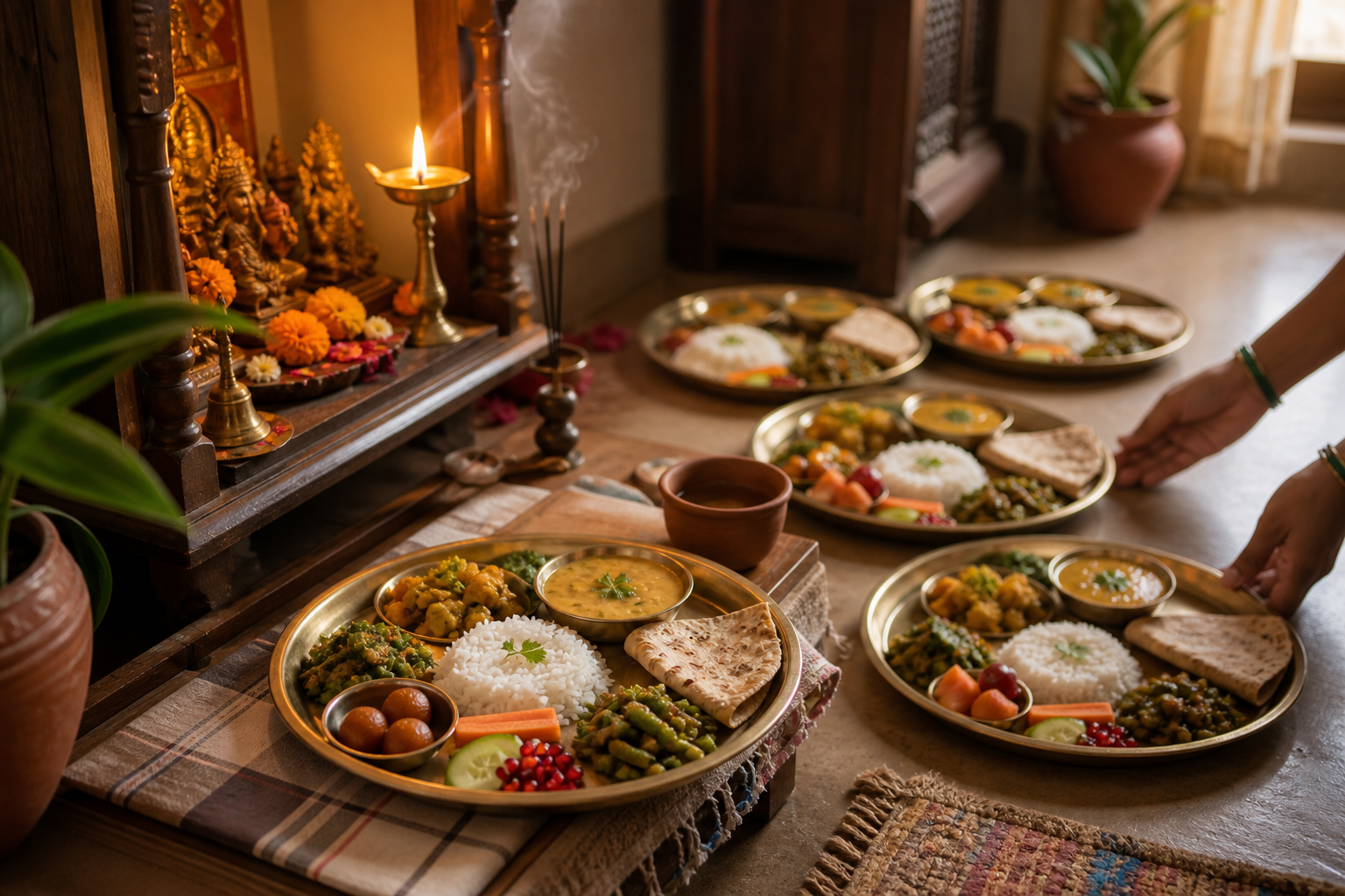 A vegetarian thali is placed before a home puja alcove while several equally prepared plates wait nearby to be shared.