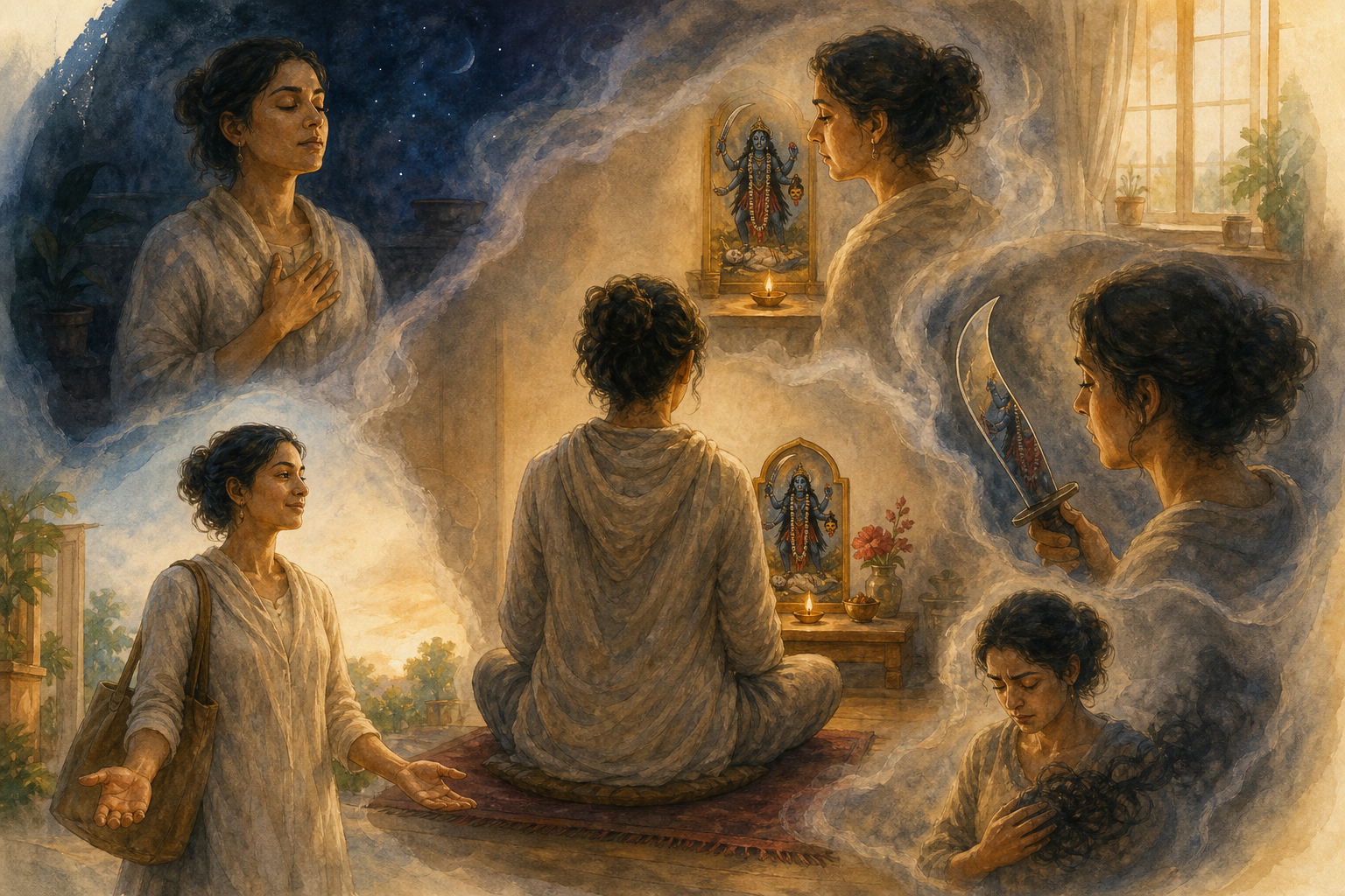 A seated practitioner contemplates a small image of Kali as five surrounding moments show breathing, observing, focusing on a sword, releasing fear, and returning with open hands.