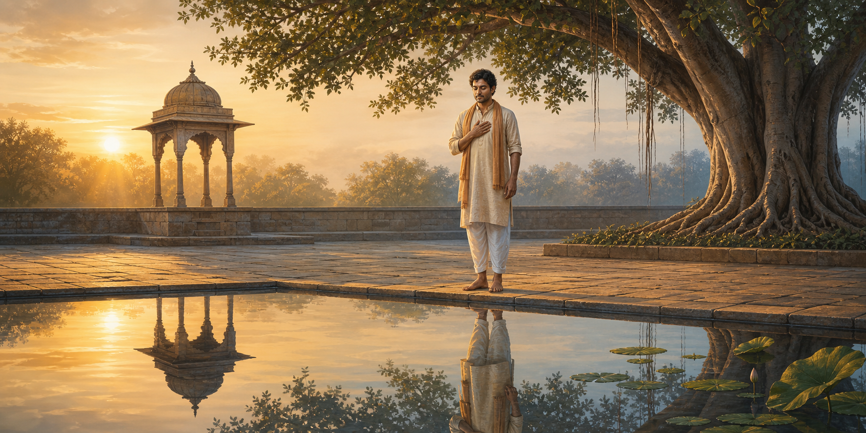 An upright contemplative person inclines their head beside a still reflecting pool in a banyan-shaded courtyard at sunrise.