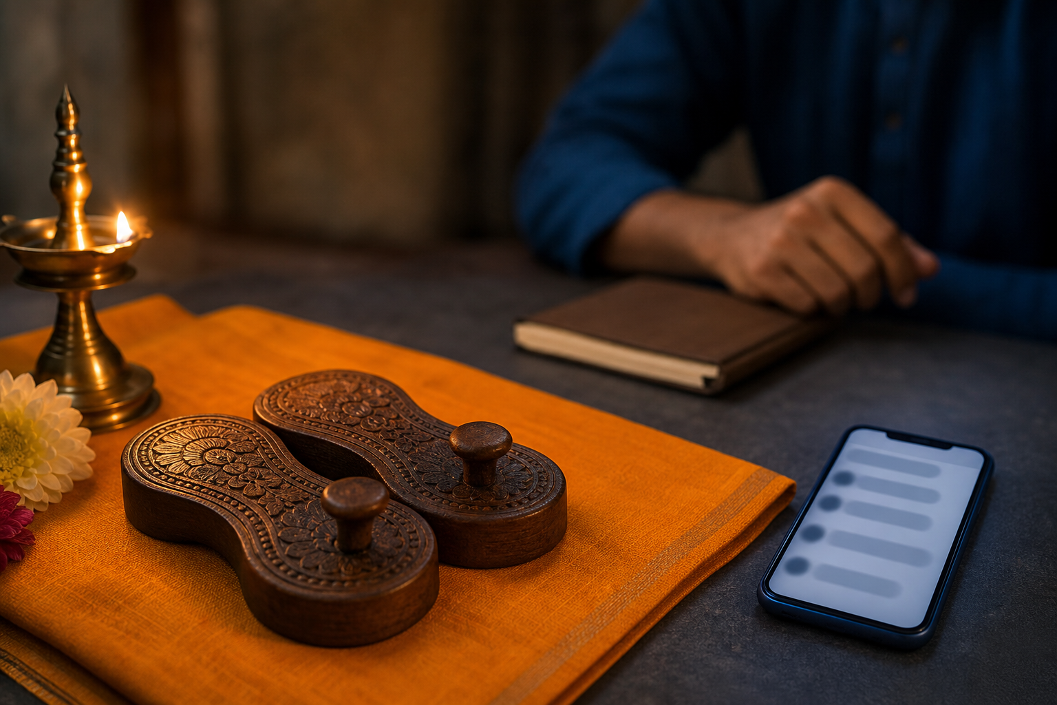Wooden padukas, a brass oil lamp, a notebook, and a smartphone with blurred comment shapes arranged in a quiet devotional setting.