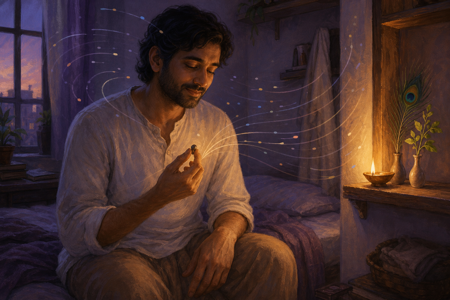A seated devotee holds one tulasi bead near the heart as curved shapes gather toward a small illuminated devotional shelf.