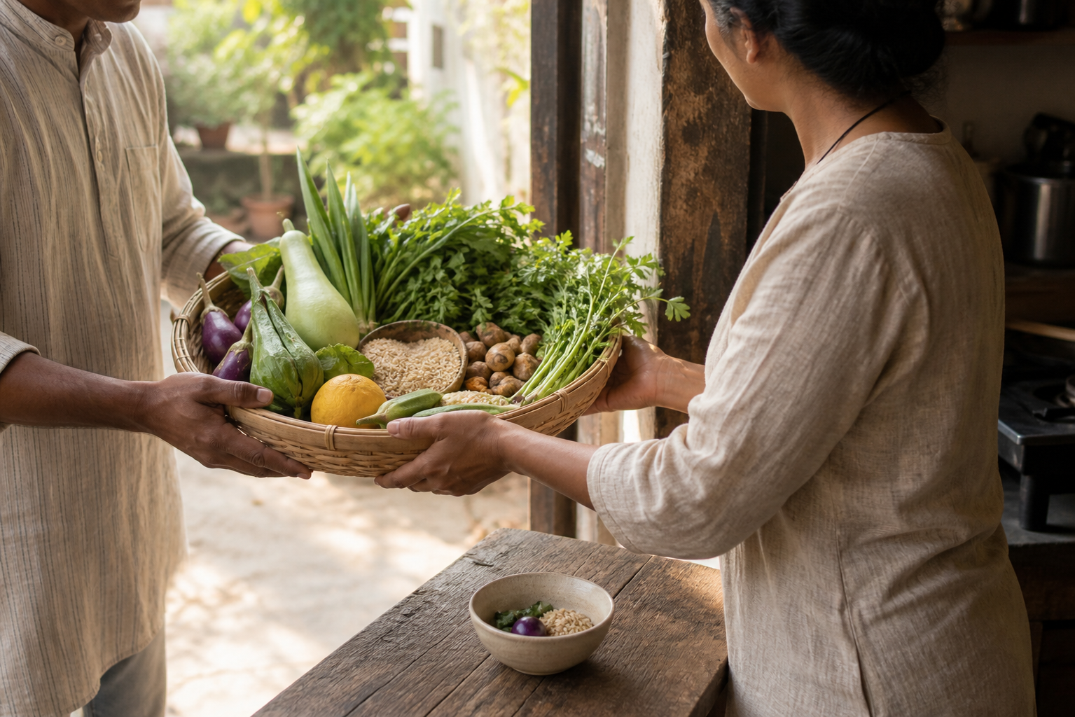 A cook receives a woven basket of fresh vegetables, grains, and herbs from a local grower at a kitchen doorway.