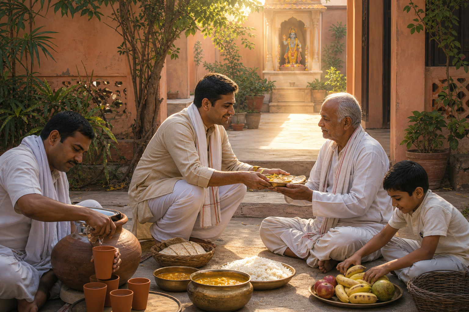 A devotee serves a meal to an elderly neighbor in a sunlit courtyard while others offer water and arrange fruit near a small Krishna shrine.