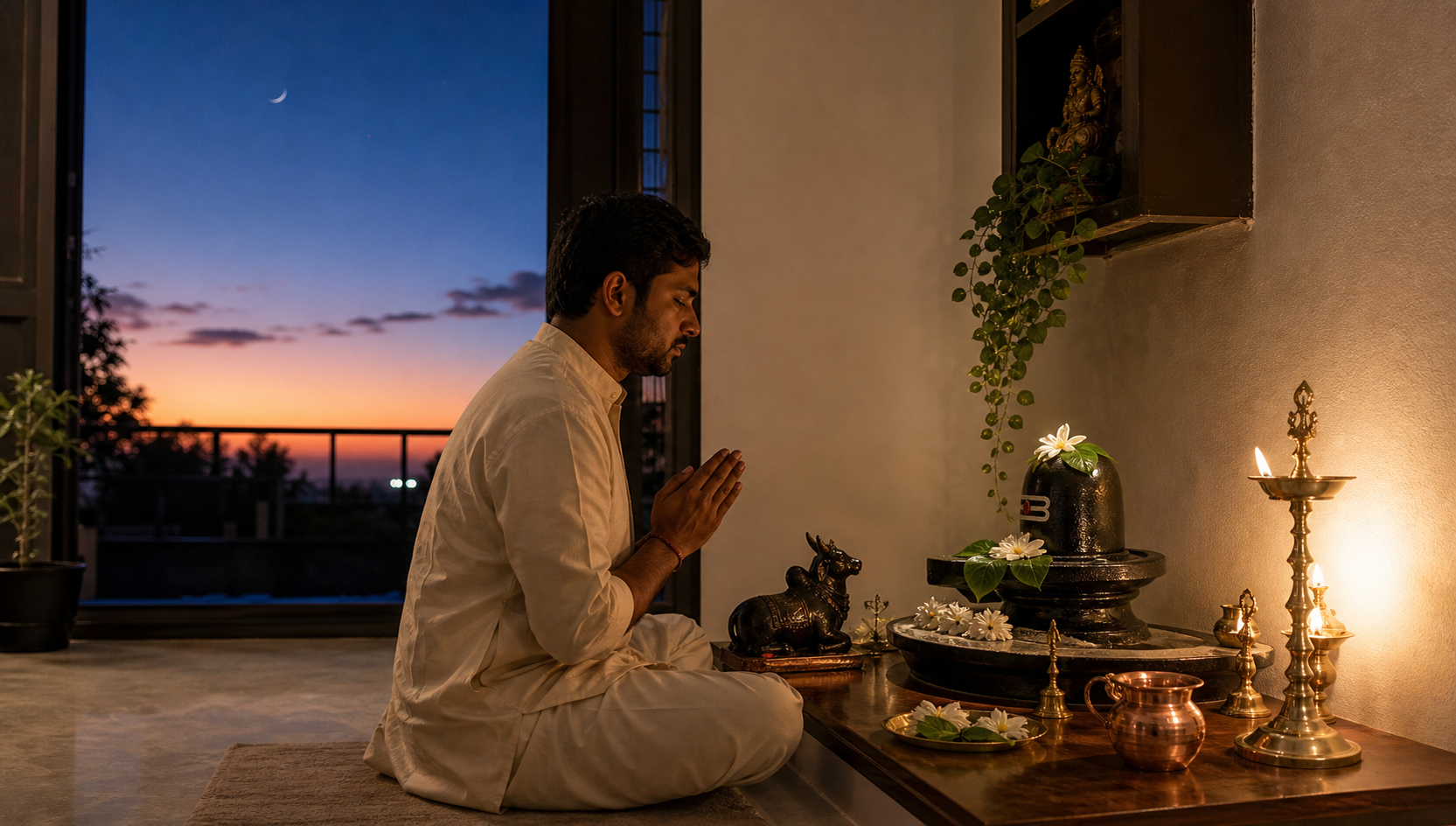 A devotee sits before a home Shiva altar with a lingam, Nandi figure, oil lamp, flowers, bilva leaves and a water vessel during twilight.