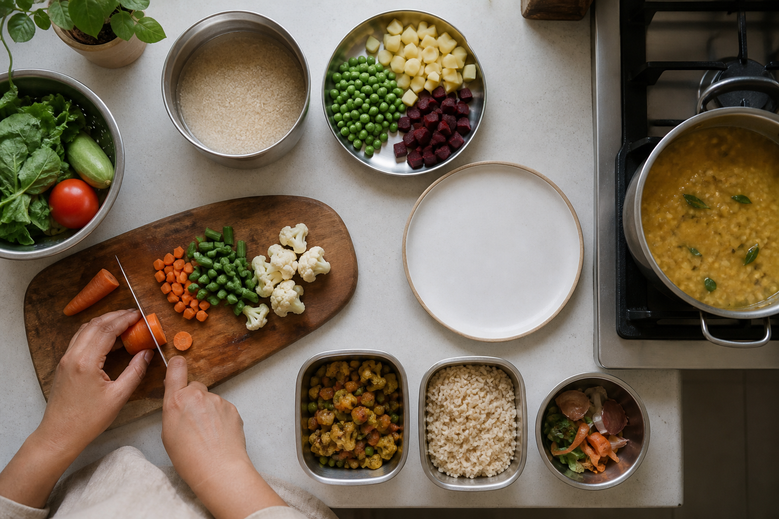 Hands prepare a modest vegetarian meal beside a reserved offering plate, reusable containers, and a bowl for vegetable trimmings.