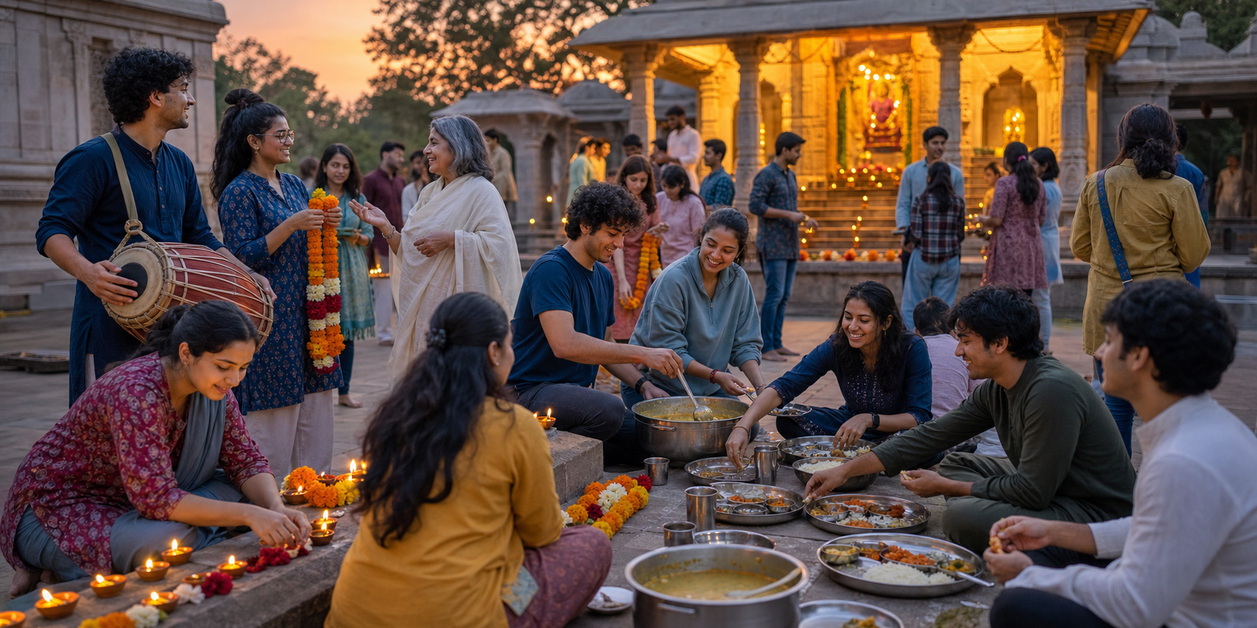 Young adults and elders prepare lamps, flower garlands, music, and a shared vegetarian meal in a temple courtyard at dusk.