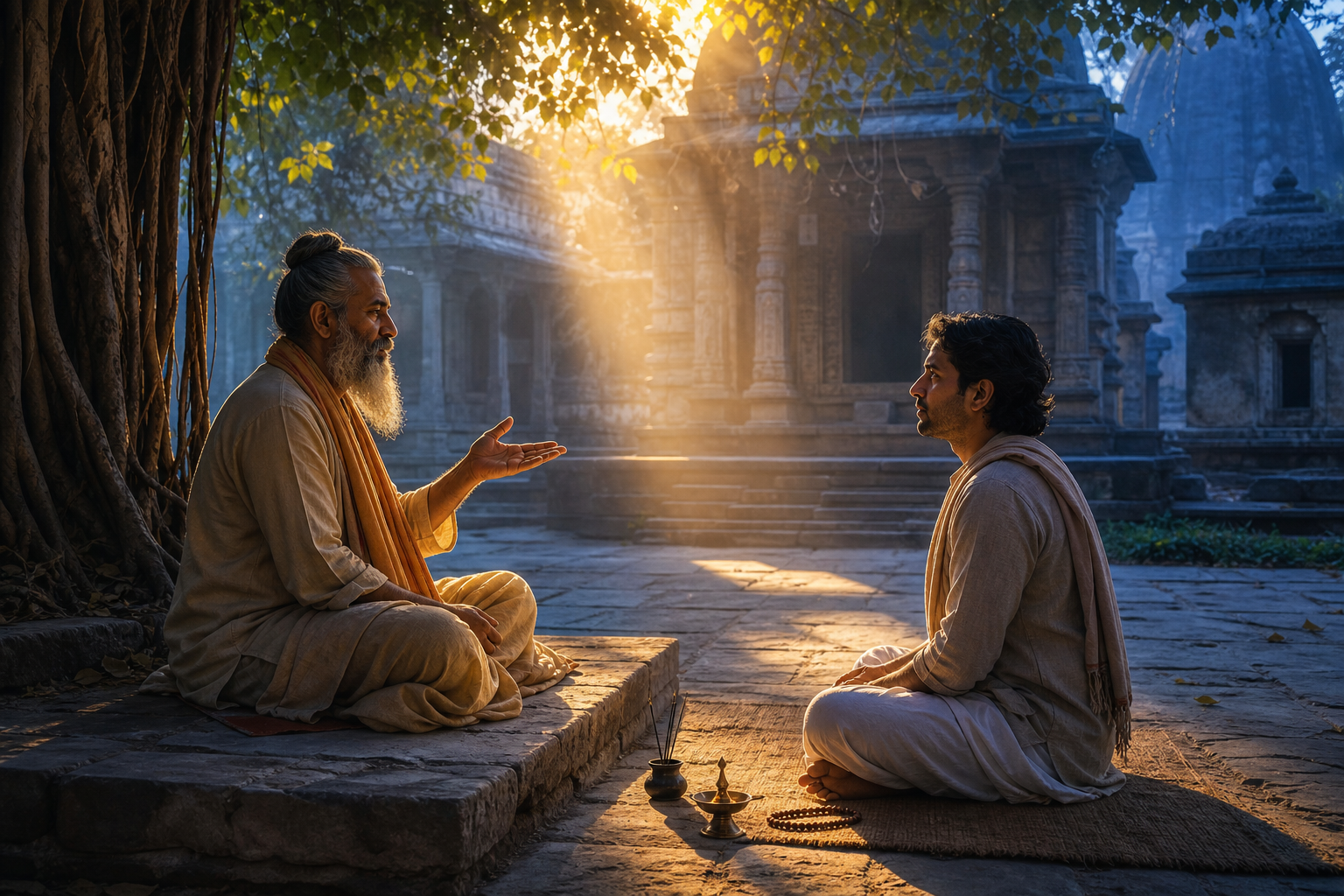 A spiritual teacher and an adult seeker sit facing each other beneath a banyan tree in a dawn-lit stone courtyard, with prayer beads and a brass oil lamp nearby.