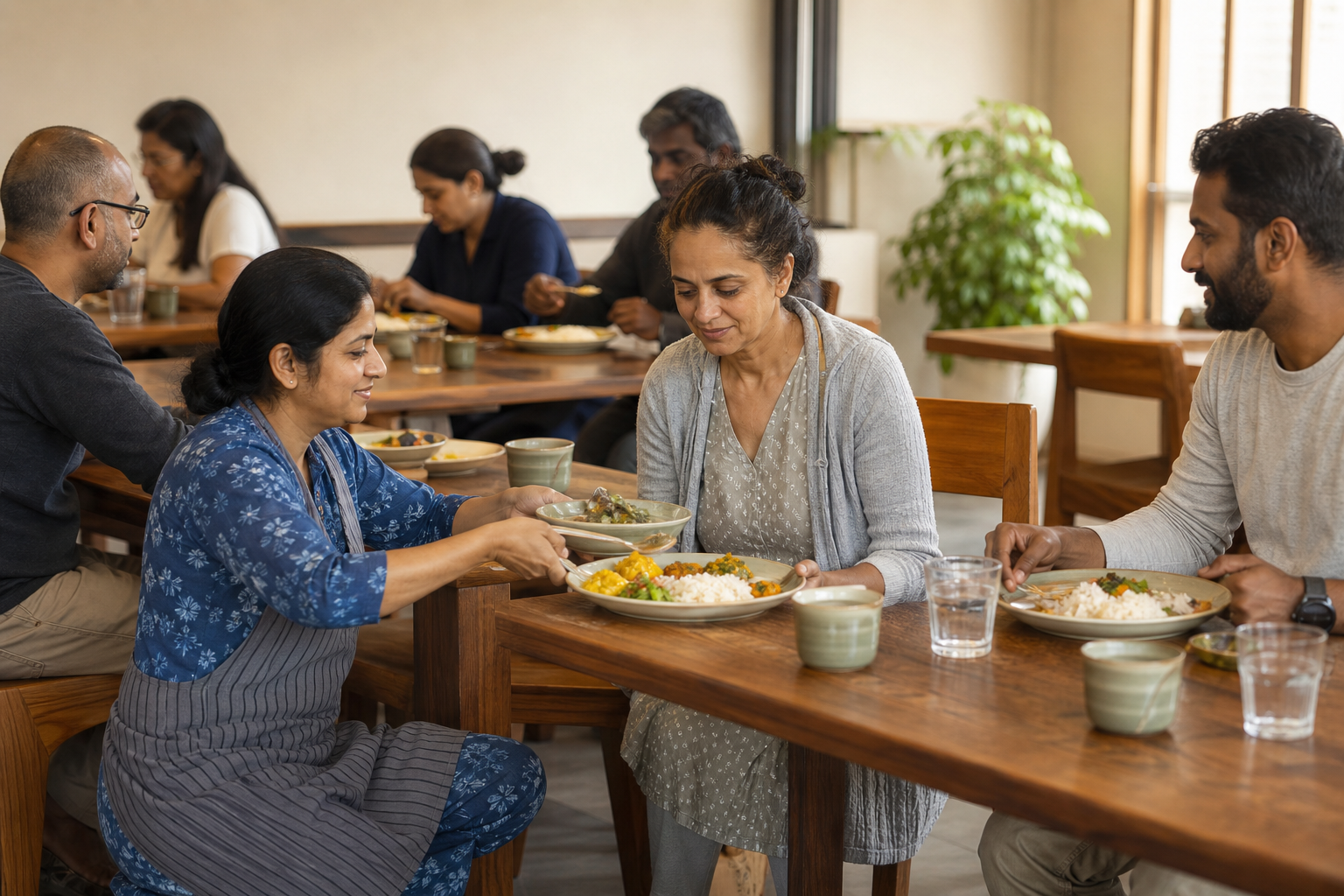 A volunteer serves a fresh vegetarian meal at eye level to an adult seated with others at a clean community table.