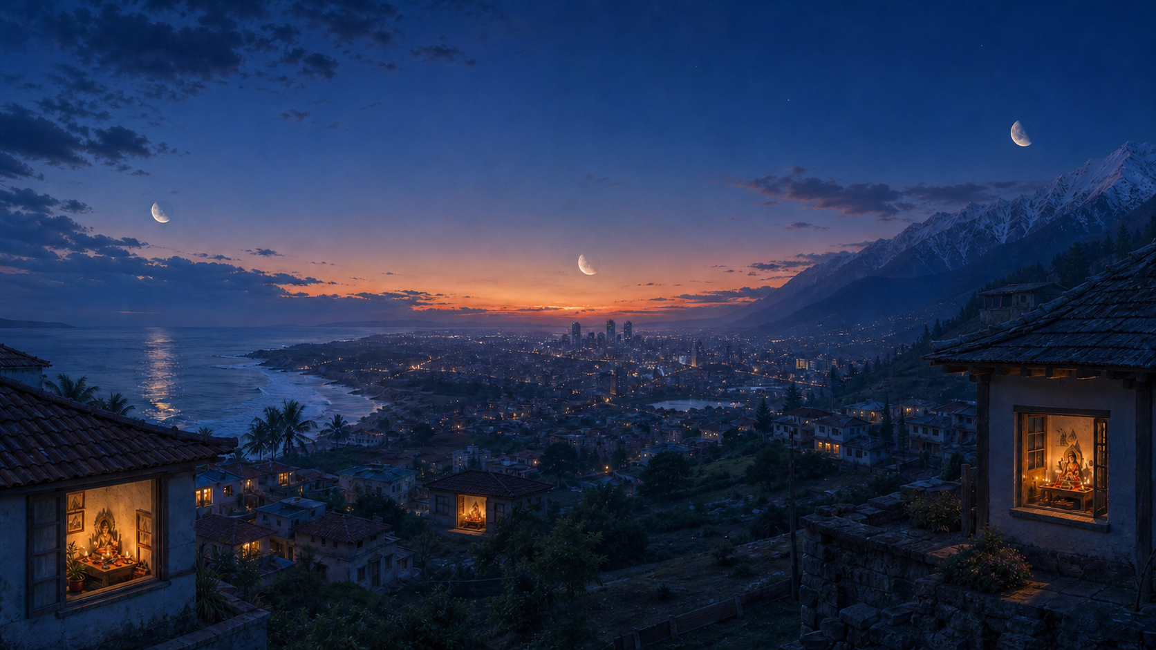 Coastal, city and mountain homes appear under different stages of twilight, with a small illuminated shrine visible in each setting.