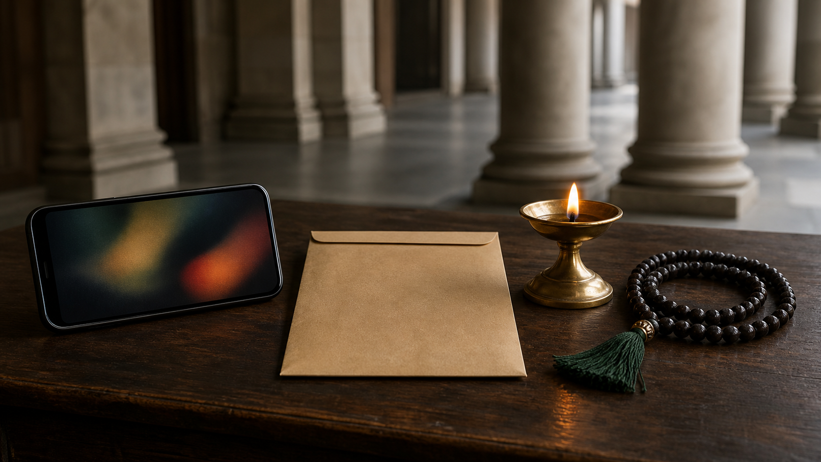 A smartphone, sealed evidence envelope, brass oil lamp, and dark prayer beads arranged on a wooden table with a courthouse corridor in the background.