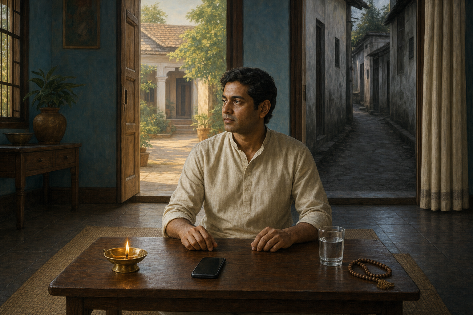 A person pauses at a low table with a lamp, prayer beads, water, and a phone while considering two visible paths outside.