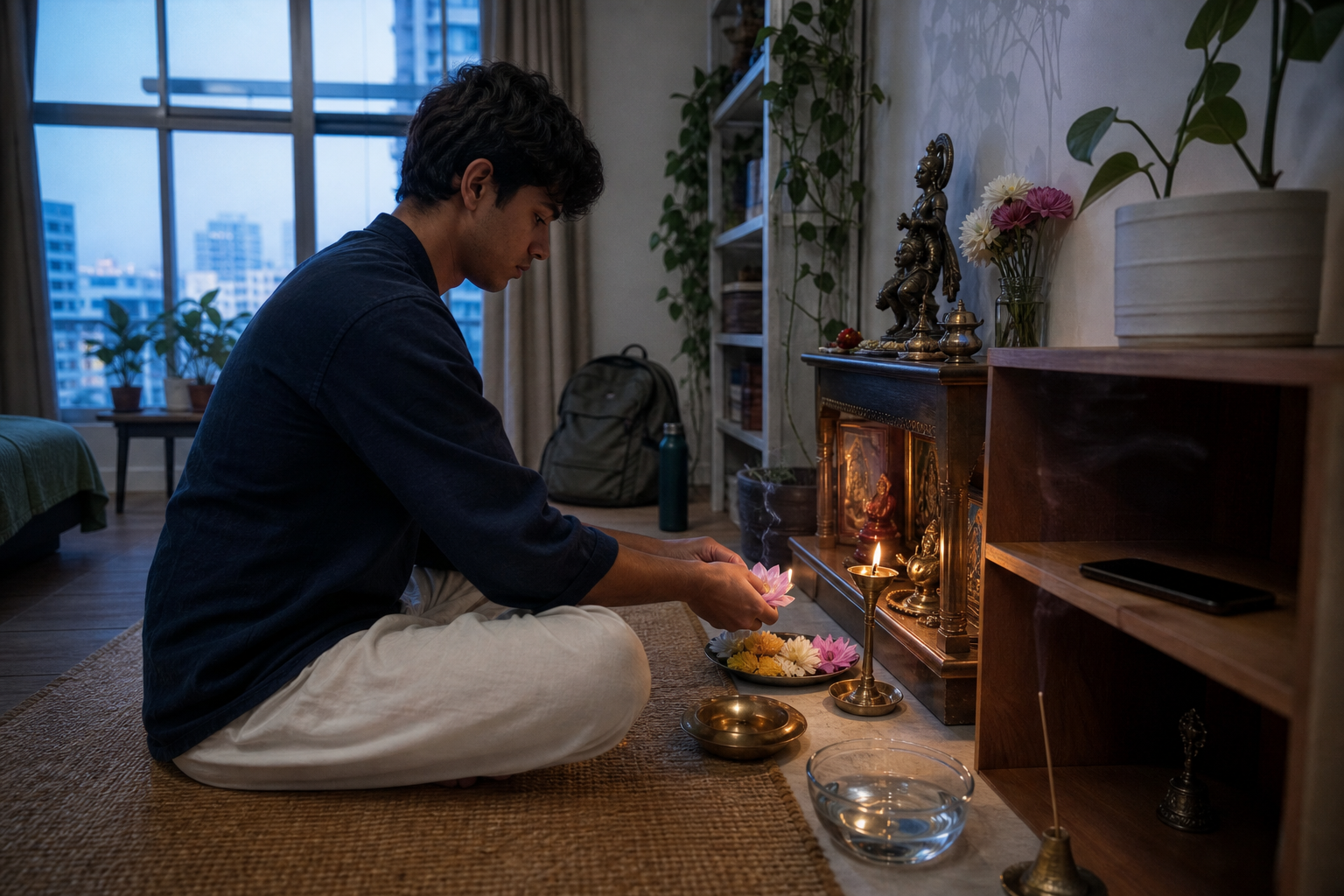 A young adult lights an oil lamp and arranges a flower at a small home shrine in a modern apartment at dawn.
