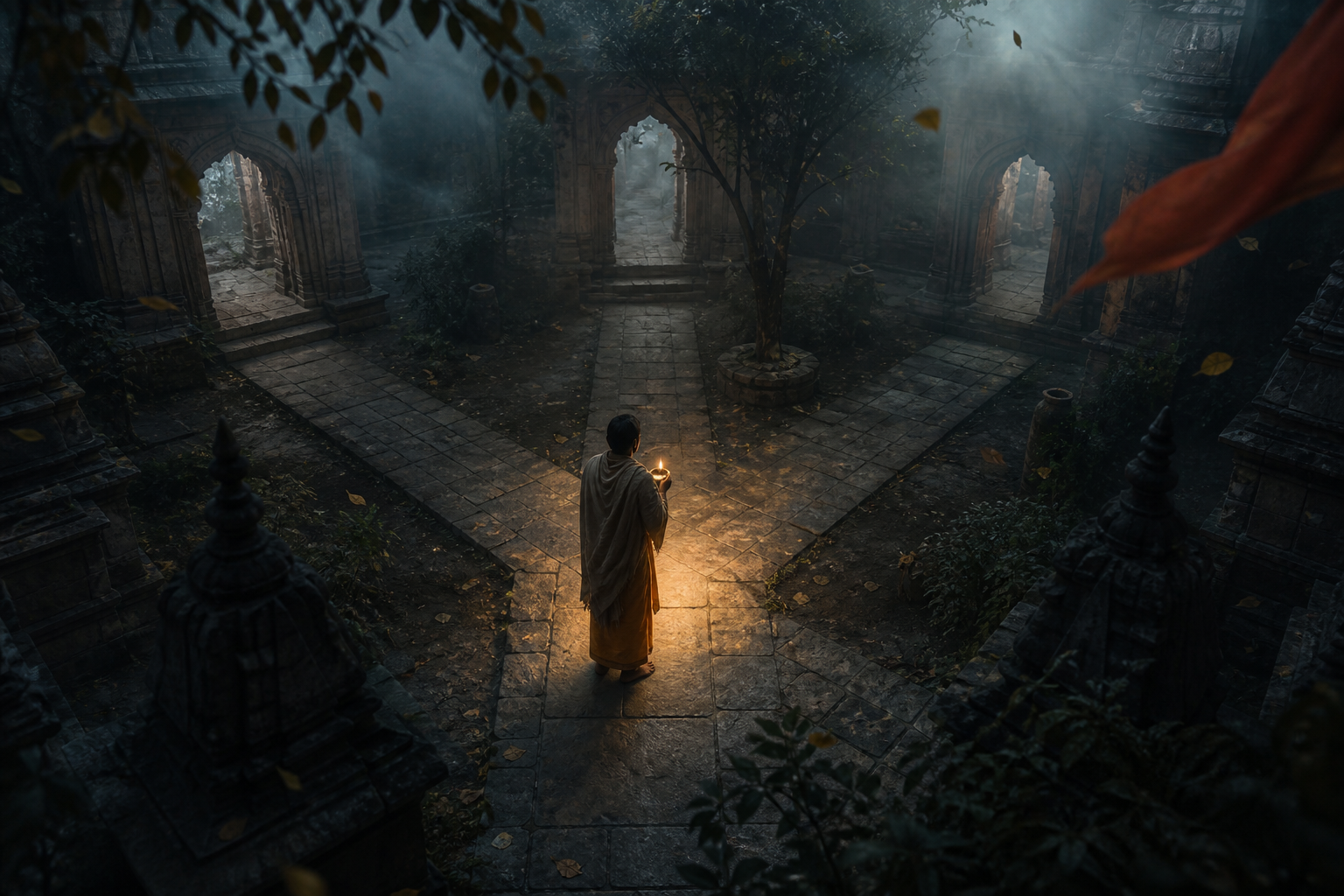 A practitioner protects a small oil lamp while standing where several stone paths branch through a shaded courtyard.