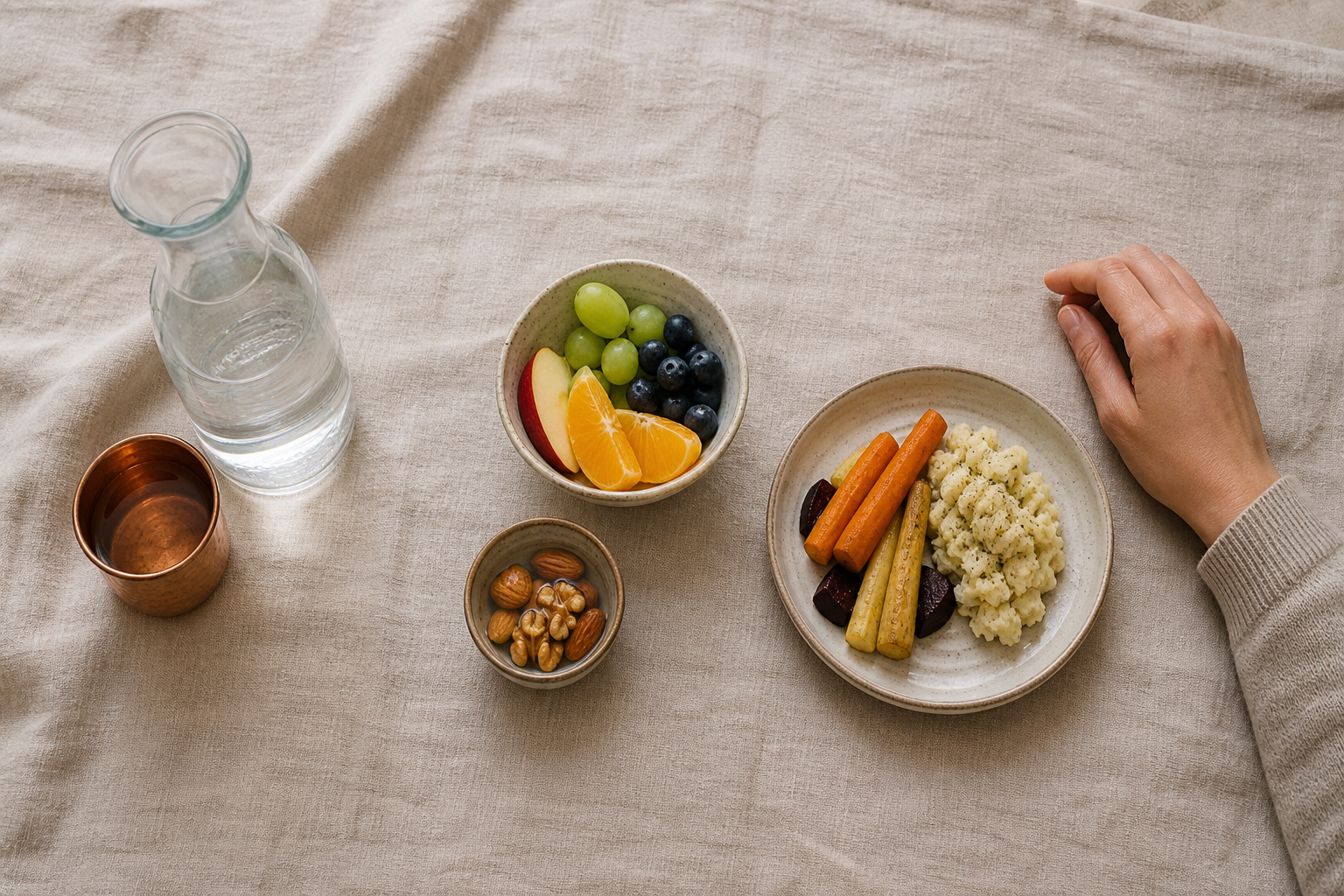 Water, fruit and nuts, and a light cooked vegetarian plate are arranged as three modest fasting options on a linen-covered table.