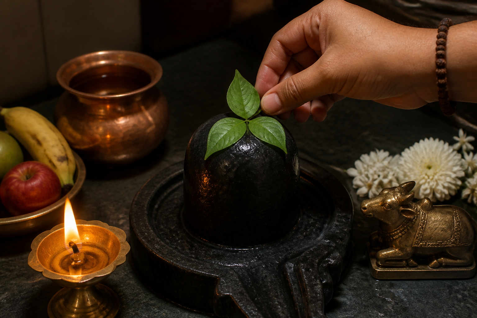 A hand places bilva leaves on a Shiva lingam beside a lit oil lamp, copper water vessel, white flowers, fruit and a small Nandi figure.