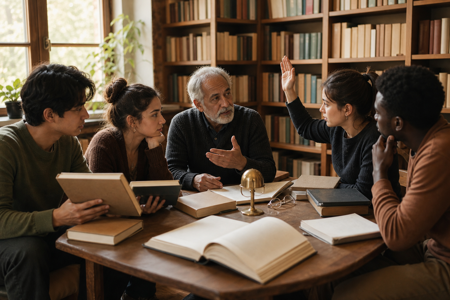 Young adults discuss open books with an older teacher during an intergenerational study circle in a community library.