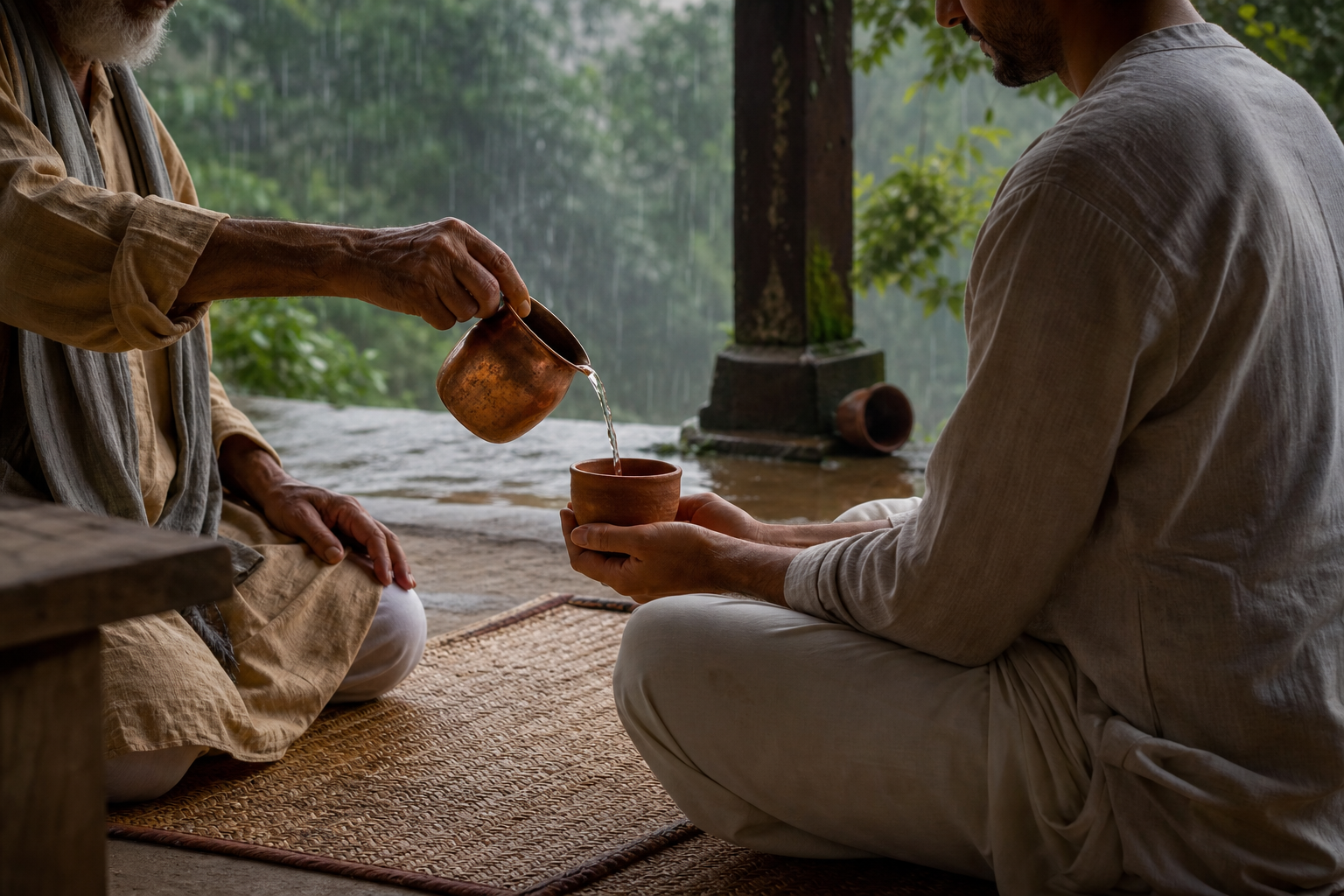 An elder teacher pours water from a copper vessel into a clay cup held by a seated student on a rain-washed veranda.