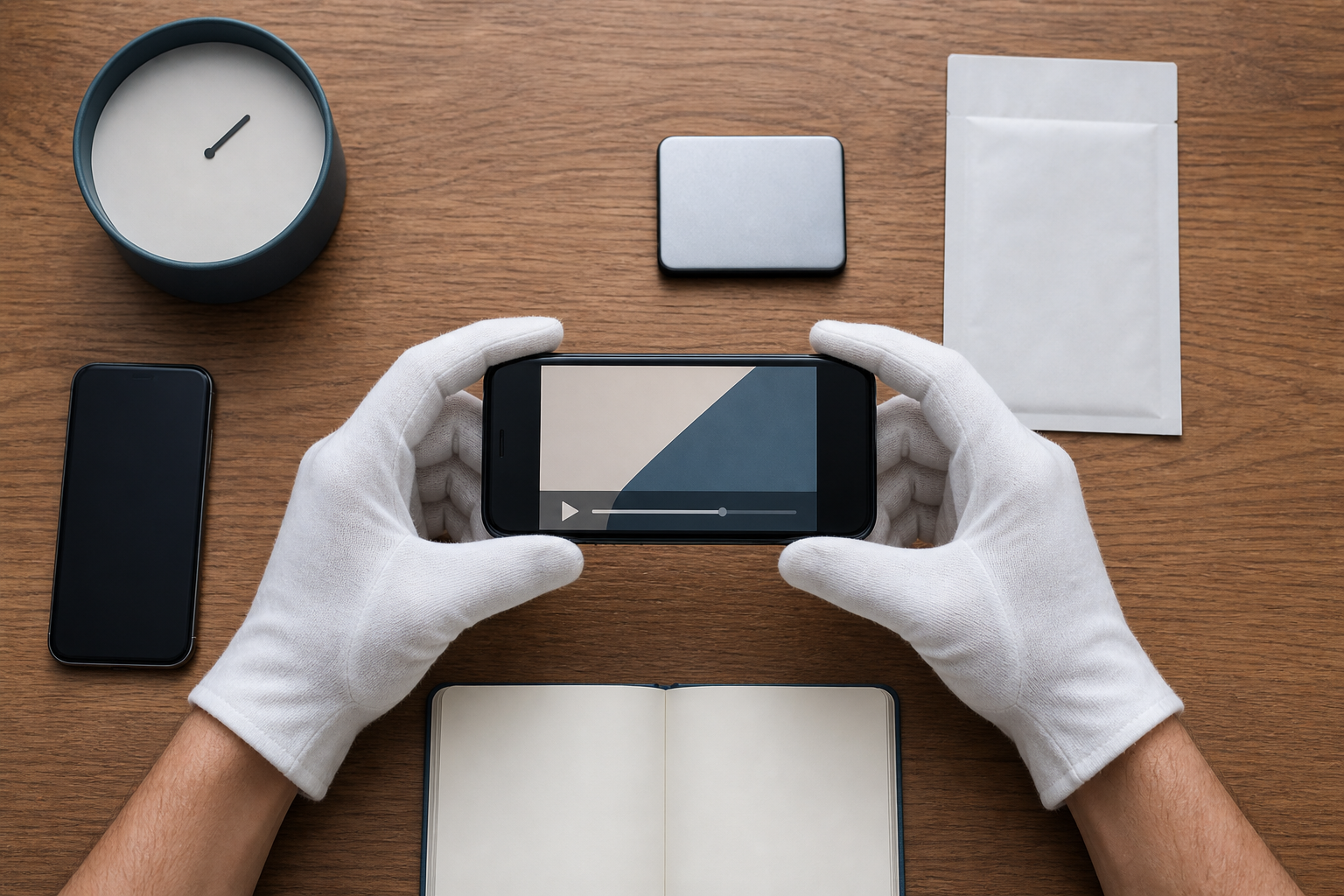 Gloved hands preserve a video on a smartphone beside an evidence sleeve, storage drive, second phone, blank notebook, and desk clock.