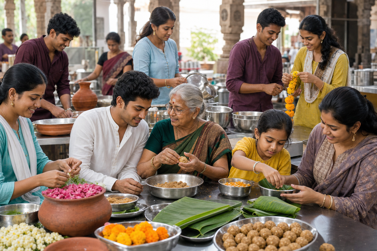 Elders, young adults, and a child share cooking, flower preparation, and serving tasks in a community kitchen and courtyard.