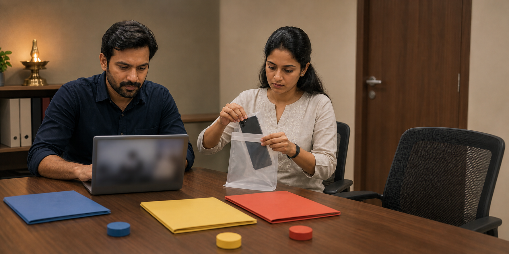 Two community administrators calmly review a laptop and secure a smartphone in an evidence pouch at an organized office table.