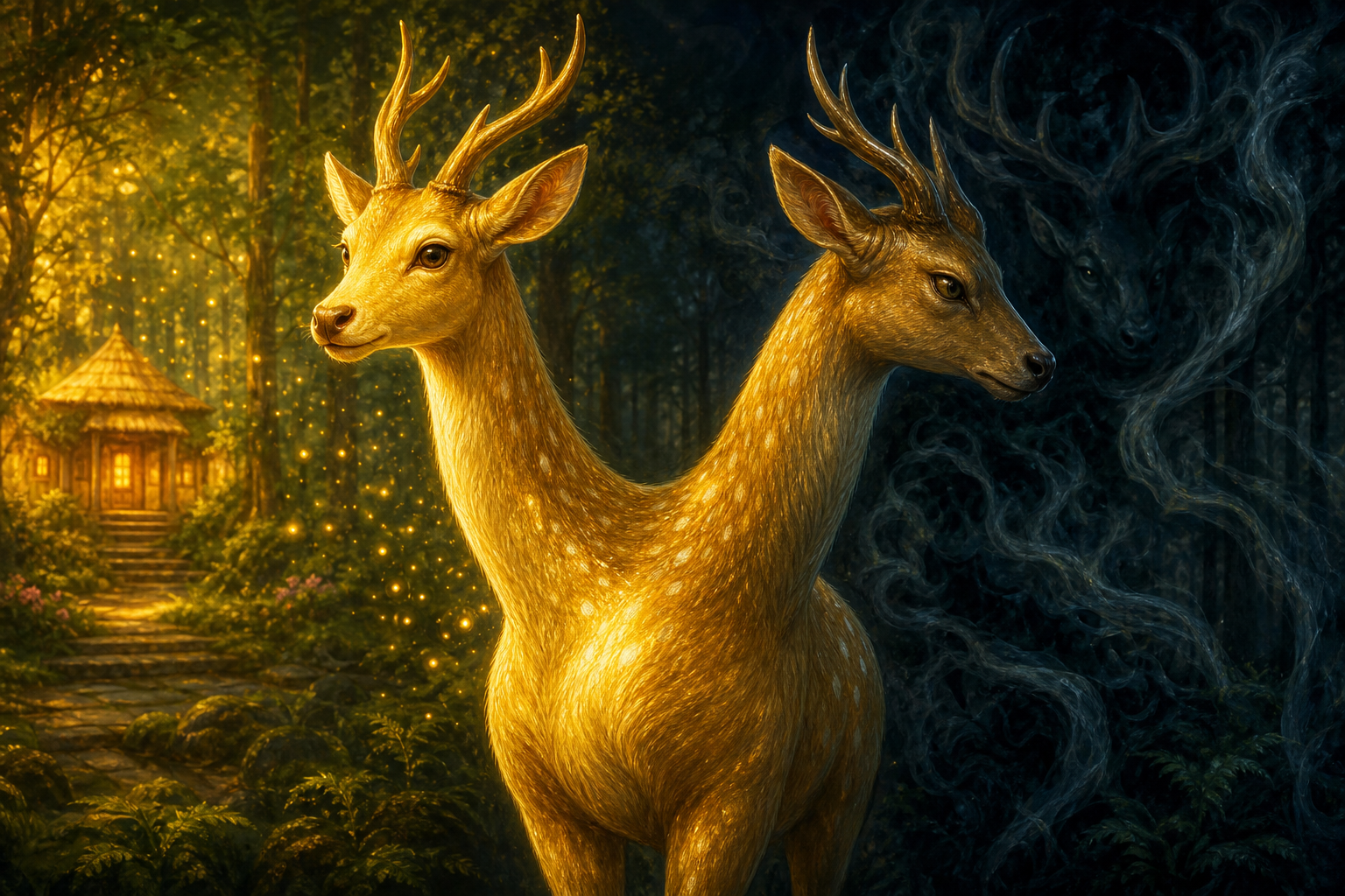 Two deer heads turn in opposite directions above one golden body, with one facing a bright hermitage and the other watching a dark forest.