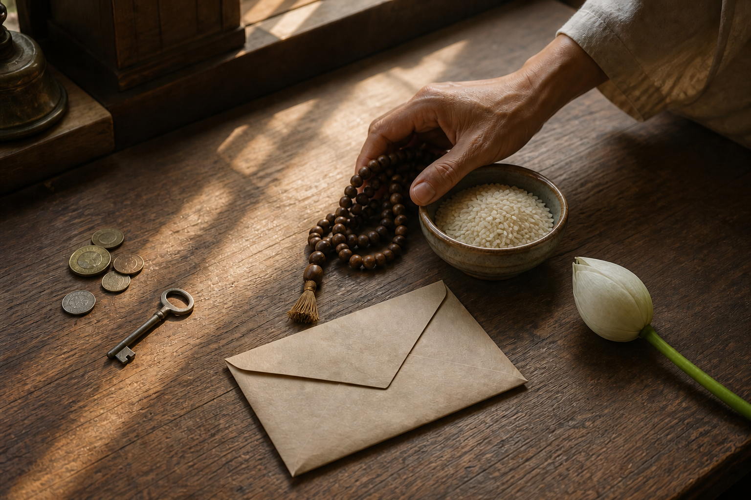 A hand arranges prayer beads, a bowl of grain, coins, a key, a blank sealed letter, and a lotus bud on a wooden surface.
