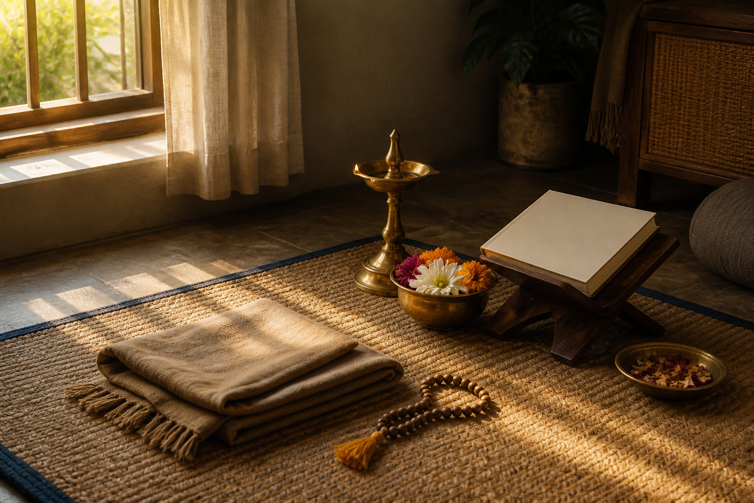 A well-used meditation mat, prayer beads, brass lamp, flowers, folded shawl, and an unmarked closed scripture sit beside a sunrise-lit window.