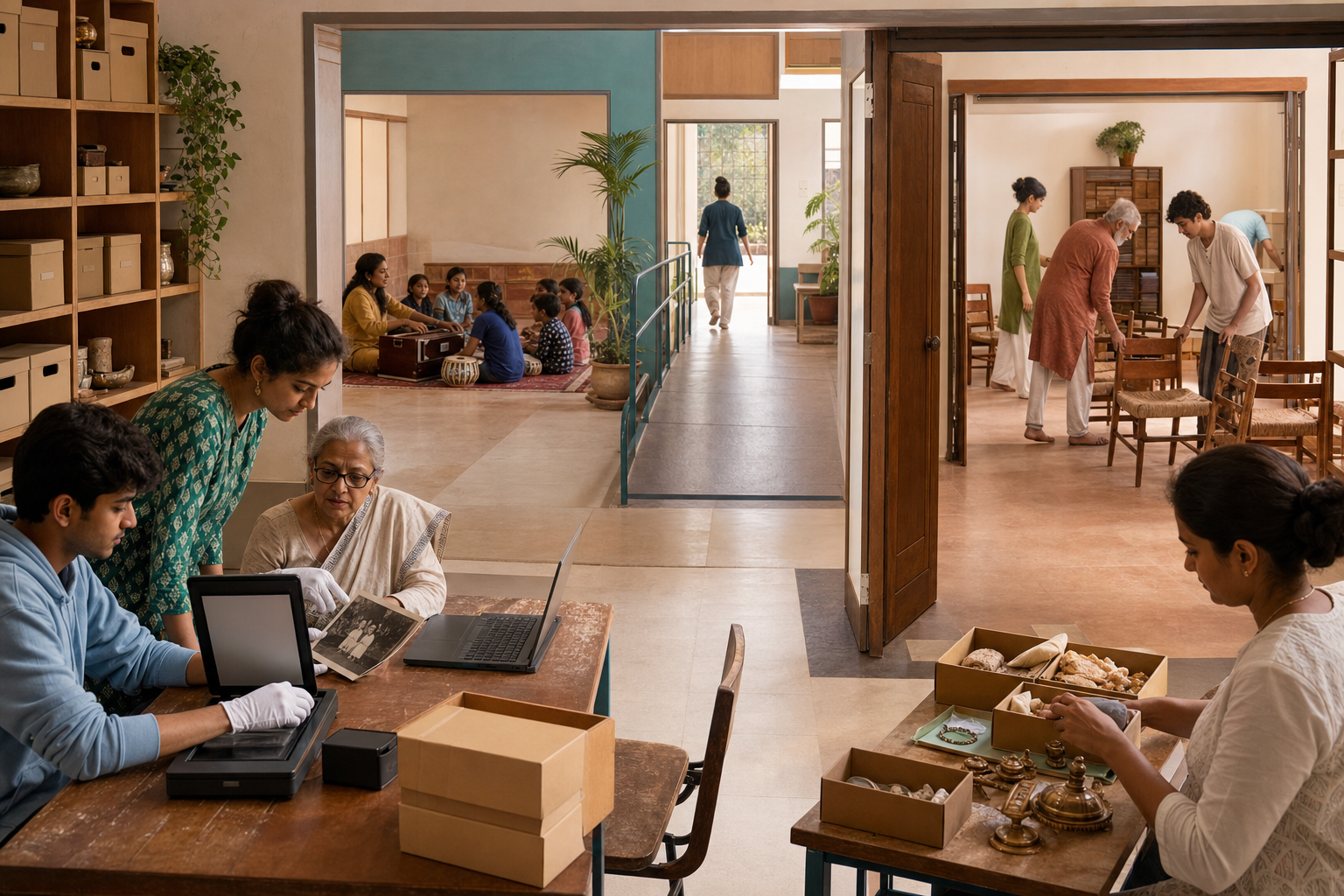Young volunteers and elders archive cultural objects, teach children music, and prepare a gathering room inside a community cultural center.