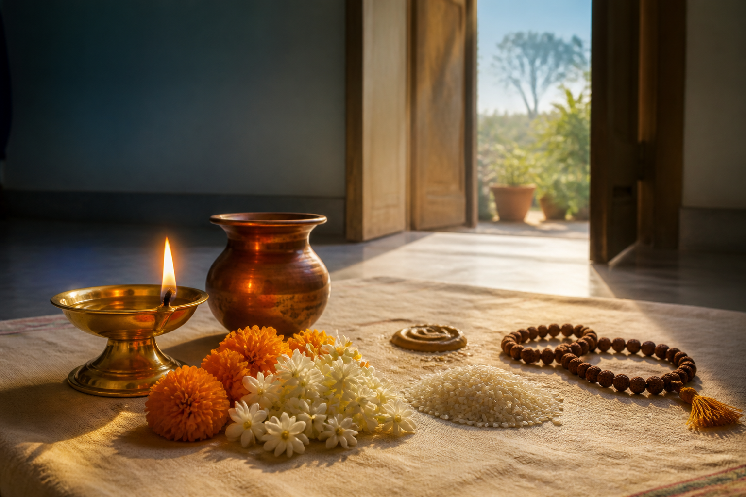 Brass puja vessels, a lit oil lamp, prayer beads, rice, and flowers arranged in winter morning sunlight.
