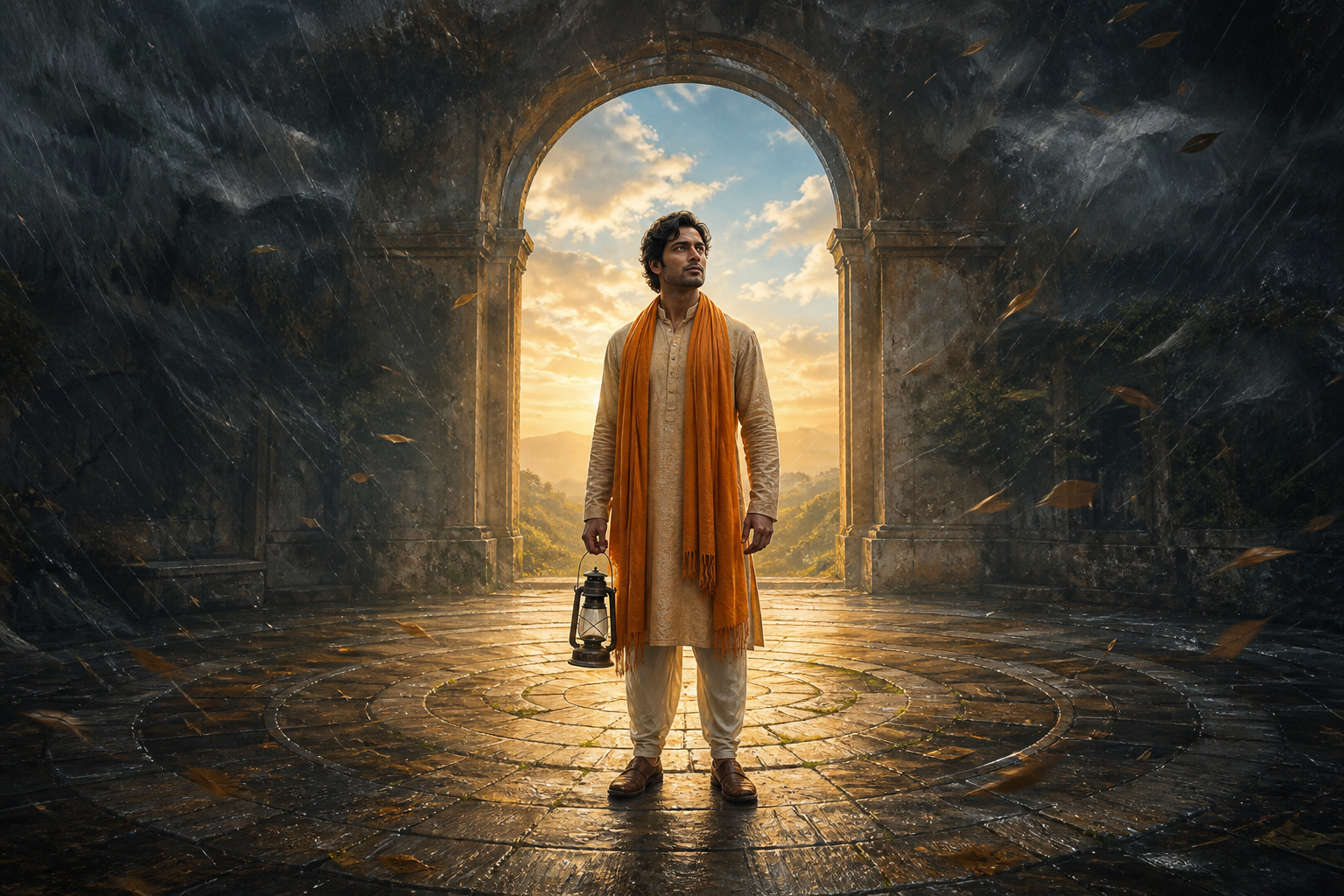 A composed person stands in the calm center of a stone courtyard while wind and rain move around the outer edge and dawn appears through an open arch.