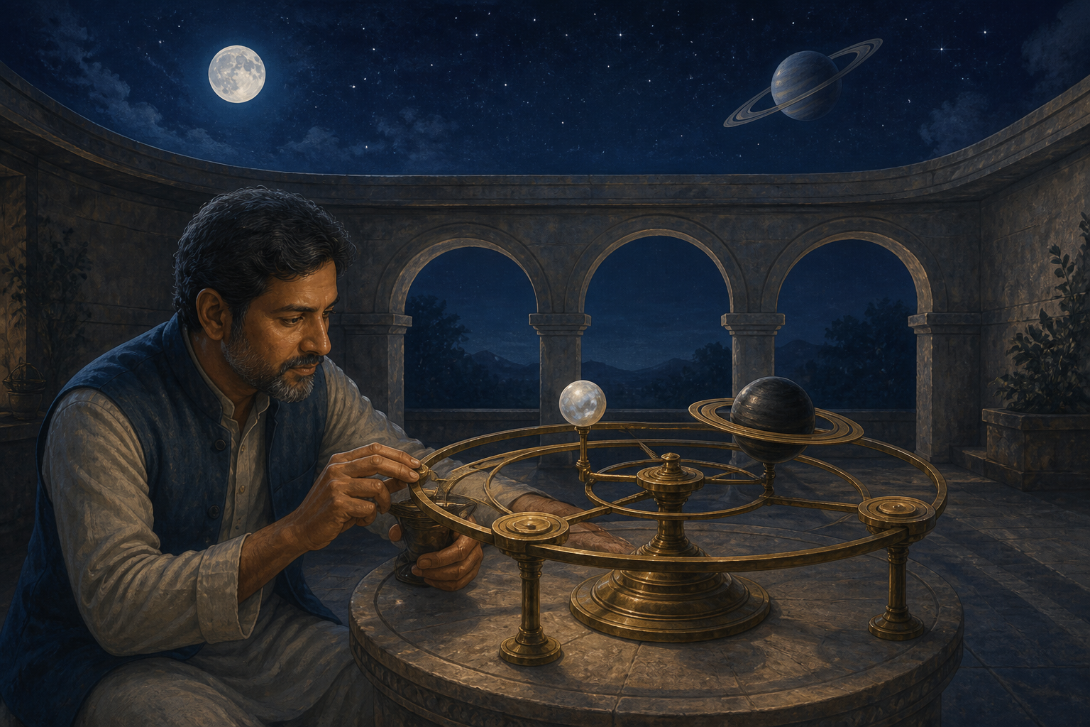 A person in a nighttime courtyard adjusts an unmarked brass celestial model with Moon and ringed-planet spheres beside three stone arches.