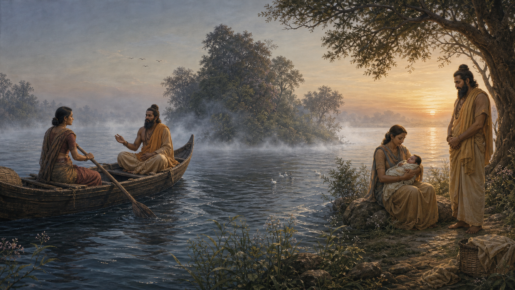 A continuous river illustration shows Matsyagandhi ferrying Parashara, their boat entering mist around an island, and Matsyagandhi later holding the newborn Vyasa at dawn.