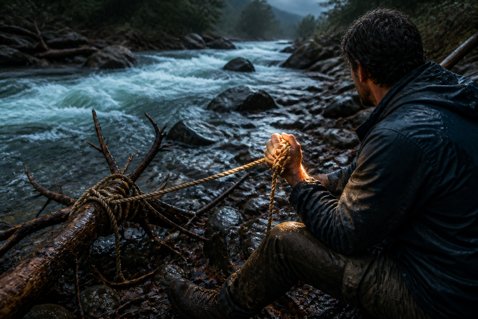 A person grips a rope tangled around a fallen branch beside a flowing mountain stream, although the rope is loose enough to release.