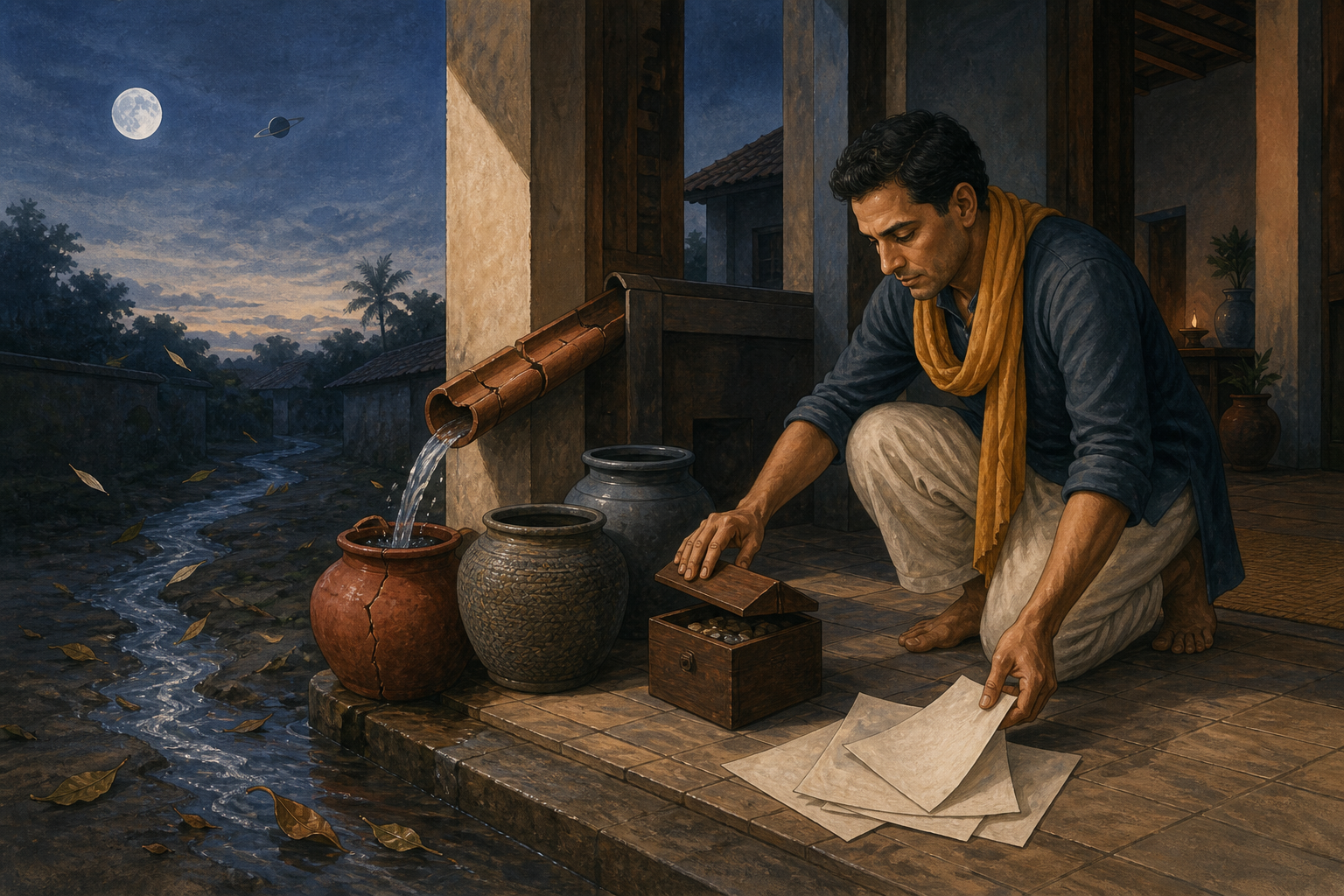 A person at a courtyard threshold redirects leaking water into jars, closes a coin box, and gathers loose papers beneath a pale Moon.
