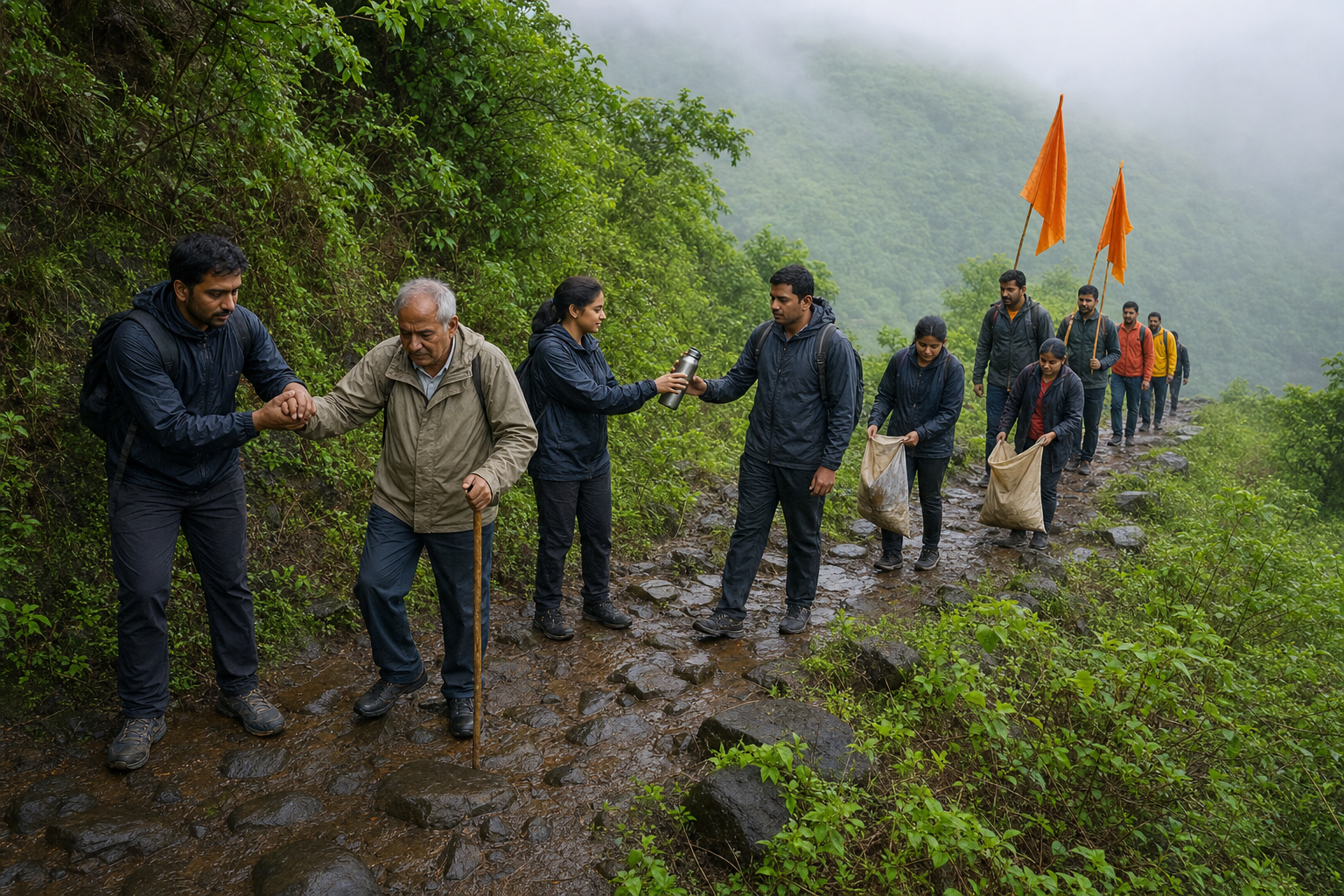 Participants walk carefully through a wet mountain trail while helping an older walker, sharing water, and collecting litter.