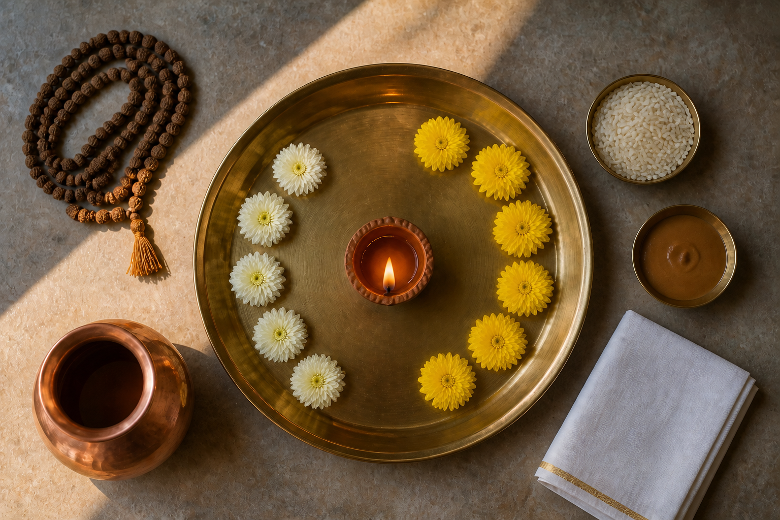 Overhead view of a puja tray with a central oil lamp, flowers, prayer beads, rice, sandalwood paste, and a copper vessel.