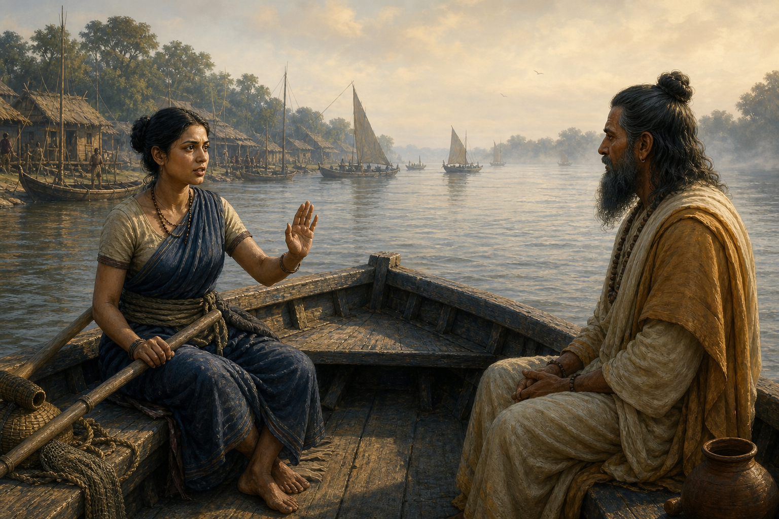 Matsyagandhi raises an open hand while speaking to Parashara across a wooden ferry, with a fishing settlement and other boats visible in the distance.